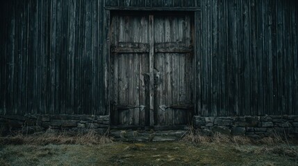 A weathered wooden door, framed by a dark, aged wooden wall, stands guard over a mossy ground.