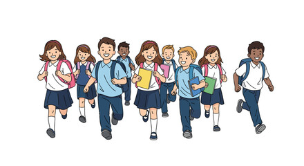 Obraz premium Happy group of diverse elementary school children wearing uniforms and backpacks runs forward with joy on their first day of the new semester.