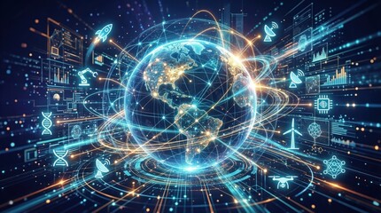 Obraz premium Global network technology concept with data flow and digital connections