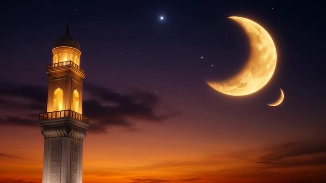 A serene and peaceful scene of a lit minaret under a crescent moon and starry night sky with warm orange and purple hues
