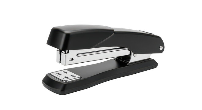 A black stapler with a metal staple holder isolated on transparent background