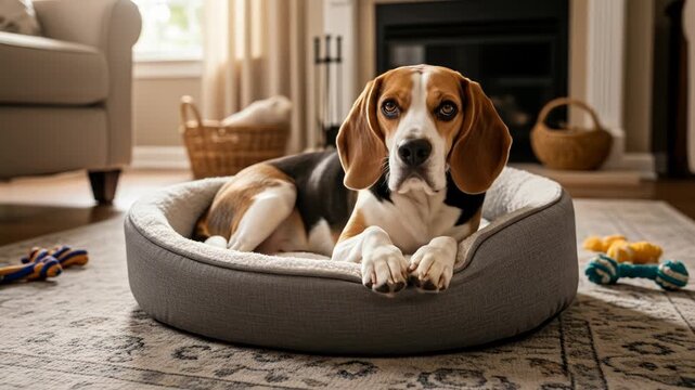 A dog with brown and white fur lies on a gray dog bed on a patterned rug in a living room
