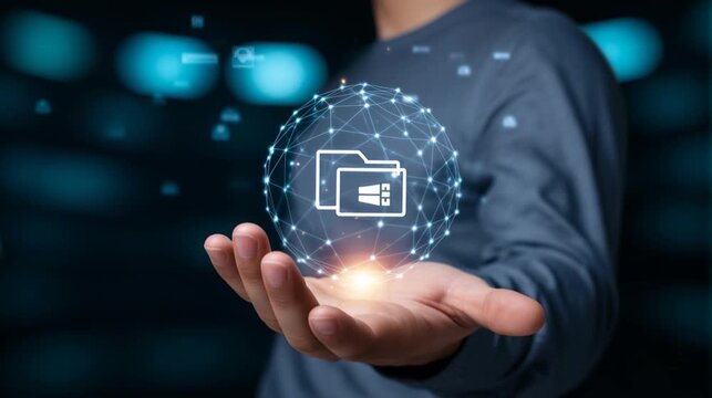 Hand displaying file sharing network hologram secure data exchange 4K 