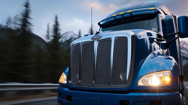 Blue semi-truck driving along a mountain highway with snow-capped peaks and evergreen trees, showcasing a dynamic journey through a scenic landscape