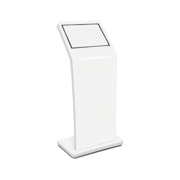 Touch screen self-service digital kiosk. 3d mockup. Interactive display stand. Touchscreen LED LCD monitor panel. Realistic vector mock-up. Template for design