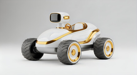 Futuristic robot car with gold accents and large tires