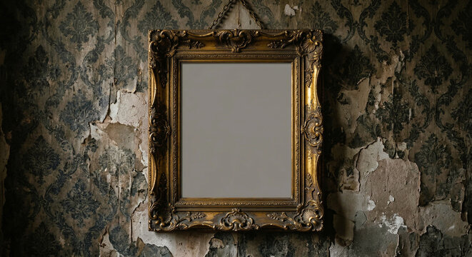 Ornate Gold Empty Picture Frame Hanging on Distressed Wallpaper