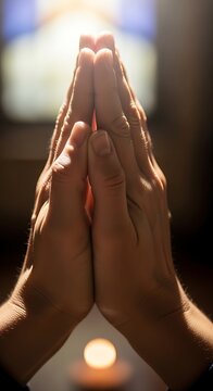 Human hands held together in a gesture of quiet supplication against a softly lit background