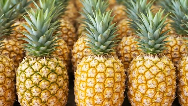 A close-up of several whole pineapples arranged in rows