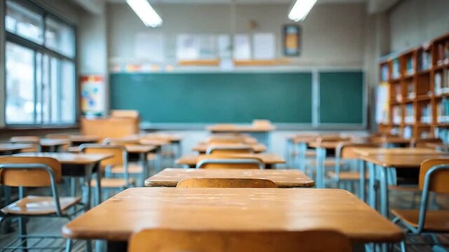 Empty classroom with rows of wooden desks and chairs ready for students
