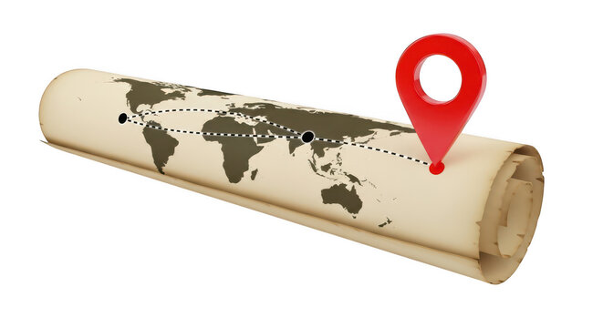 A rolled up map with a red location pin isolated on transparent background