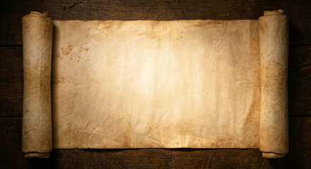Fototapeta premium Blank Antique Scroll Unrolled Resting on Dark Wooden Planks