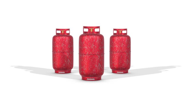 3D LPG Gas Cylinders on a White Floor. Red Gas Cylinders 3D Animation. 4K