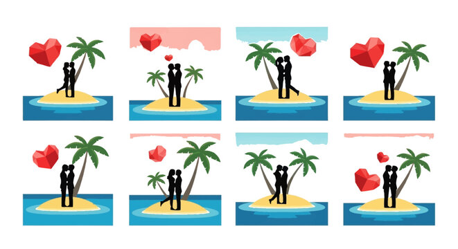 Tropical island couple silhouettes in repeating pattern on transparent background
