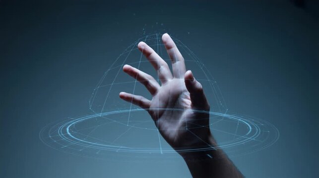 Hand displaying projection mapping device hologram immersive visual mapping 4K 