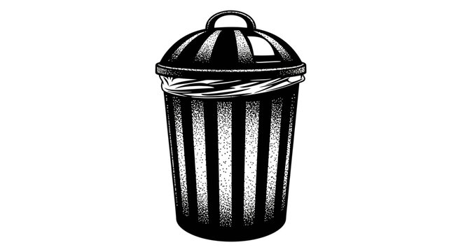 Black and white illustration of a striped trash can on white background