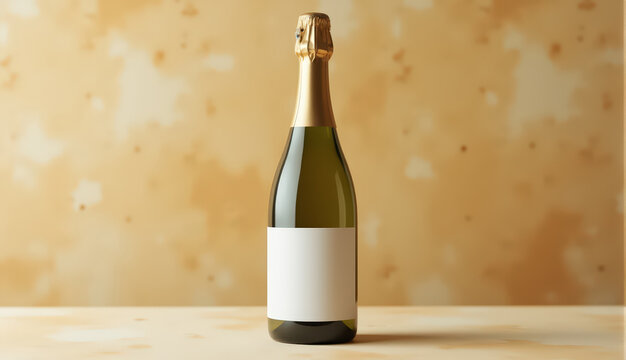 Champagne bottle with blank label on neutral background for product mockup, packaging and poster design and luxury beverage display