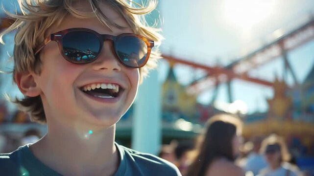 Child smiles at amusement park with roller coaster in background on a sunny day