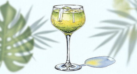 Fototapeta premium watercolor illustration of green cocktail with ice and copy space for text, fresh organic smoothie with bubbles and tropical palm leaf shadows, healthy drink concept on blurred background