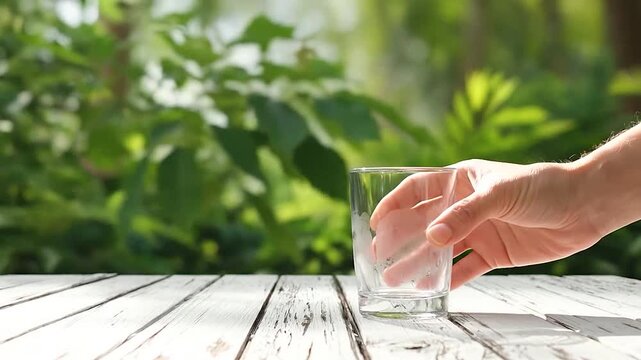 Empty rustic white wooden table surface with blurred green foliage background.