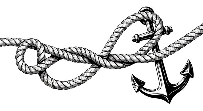 Black and white illustration of anchor and nautical rope on a white backdrop