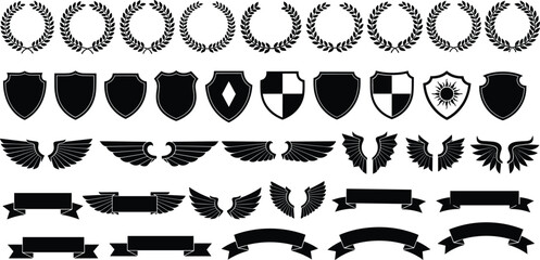 Huge collection of heraldic black silhouettes featuring laurel wreaths shields wings and ribbon banners isolated on white background for premium logo and emblem vector design.