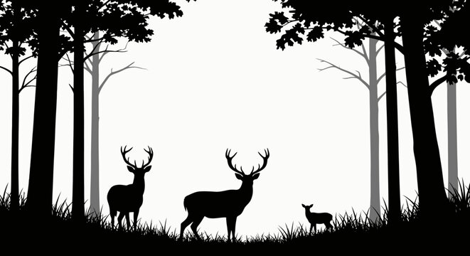 Silhouette of deer in a forest contrasting black and white nature scene