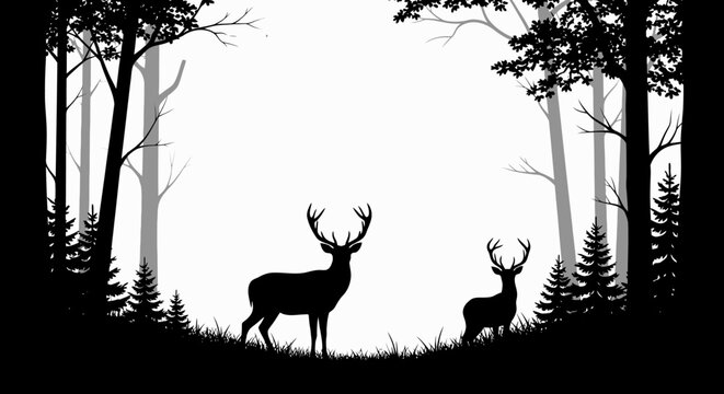 Silhouette of two deer in forest setting against white background