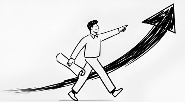 Businessman Walking Forward With Blueprint Toward Arrows Symbolizing Growth Success Achievement Motivation 160 Characters