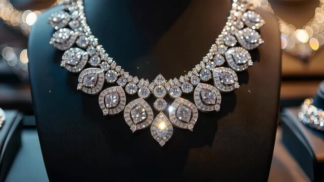 Jewelry display with diamond necklace and other pieces in a store setting at daytime