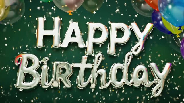 Festive &ldquo;Happy Birthday&rdquo; typography with shiny inflatable balloons drifting and shimmering blank sequins falling continuously, joyful birthday celebration design