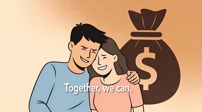 Concerned couple discussing financial problems with a money bag symbol in the background, expressing anxiety and need for solutions in a relatable situation