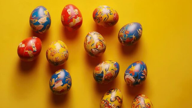 A collection of colorful Easter eggs on a bright yellow background, perfect for spring or holiday-themed designs