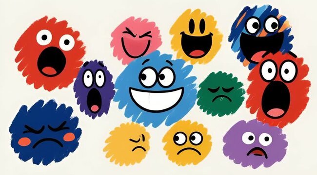 Cartoon characters with various facial expressions in a playful and whimsical design for children's artwork or educational materials