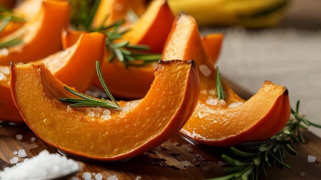 Roasted pumpkin slices with rosemary and coarse sea salt on a wooden board. closeup autumn food still life showing warm baked squash, rustic tabletop and cozy seasonal meal.