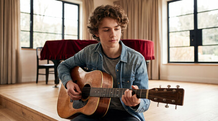Obraz premium Teenage boy playing acoustic guitar in a sunlit music room with large windows and a piano in the background.