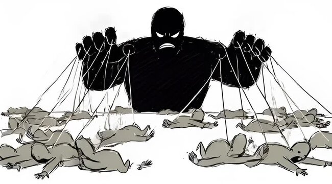 Dark Illustration of a Giant Puppet Master Controlling Small Figures Representing Manipulation and Power Dynamics in Society and Relationships