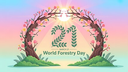 World forestry day arch with blooming trees, flowers, and green foliage illustration, flower arch