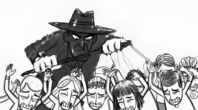 Dark Puppet Master Controlling Confused Audience with Strings in Black and White Illustration