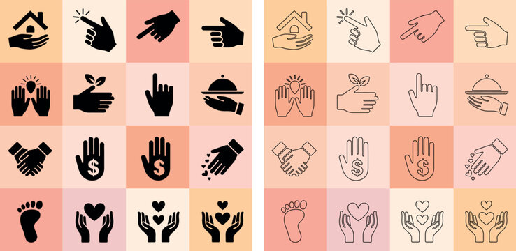 Hand Gestures and Charity Icon Set - Support, Care, Donation, and Pointing Finger Symbols in Solid and Outline Style.