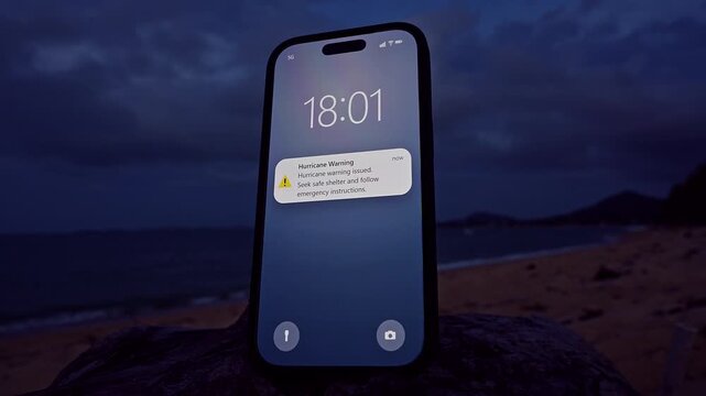 Smartphone Display With Hurricane Warning Notification on Ocean Beach During Dark Stormy Evening. Emergency Weather Alert Advising Shelter and Following Safety Instructions