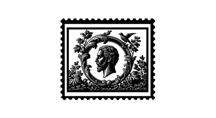 Obraz premium Vintage postage stamp design with portrait ornate frame and floral elements