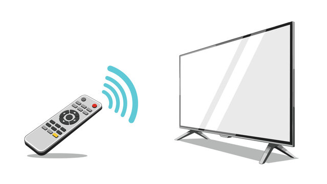 Black remote control sending wireless signals represented by blue waves toward a modern flat screen television monitor on a white background.