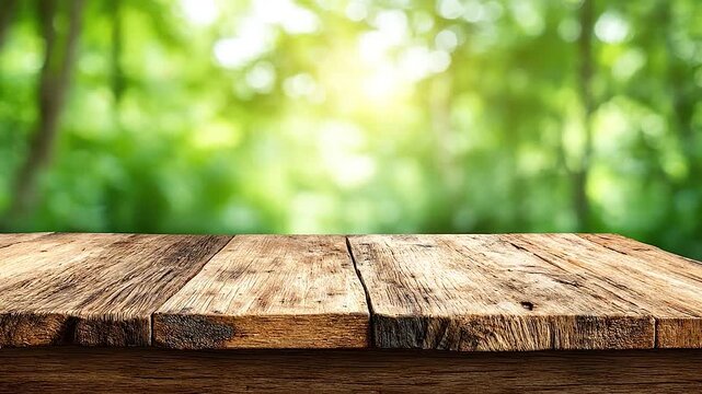 Empty rustic wooden table with blurred green forest background and sunlight