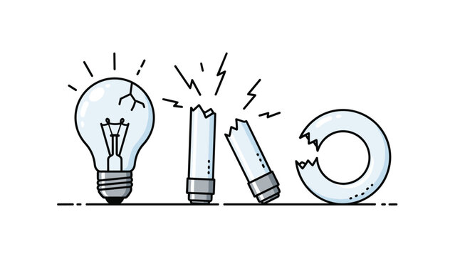 Display of three broken light bulbs of different types like incandescent and fluorescent tubes representing electrical waste or lighting failure.