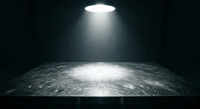 Empty Stainless Steel Autopsy Table Illuminated by Spotlight