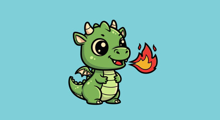 Obraz premium Cartoon dragon breathing fire on blue background vector illustration
