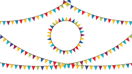 Fototapeta premium Festive bunting flags arranged in strings and a circular frame for party decorations celebration announcements or event invitations.