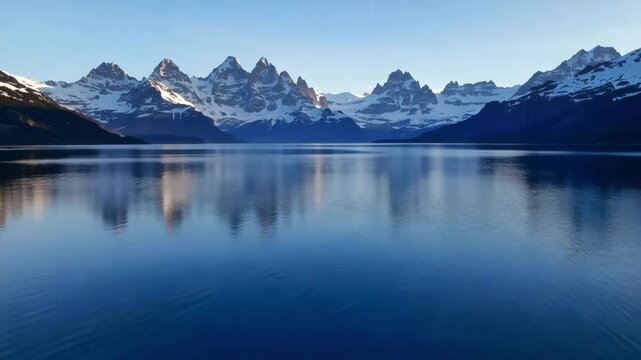 Snow capped mountains reflecting in the calm surface of a deep blue lake to provide a scenic landscape for travel marketing.