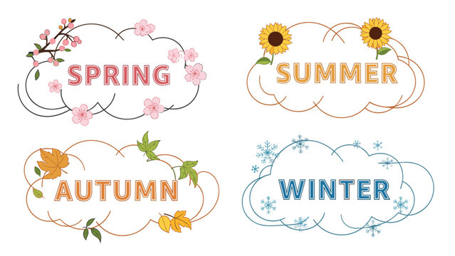 Collection of four seasonal speech bubbles for spring summer autumn and winter with representative floral and nature motifs.